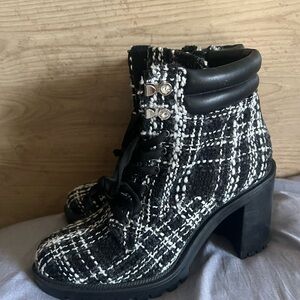 Jennifer Lopez Black and White Tweed Heeled Boots